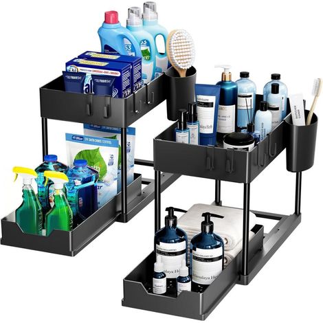 Organisateur sous Évier à 2 Étages avec Tiroir Coulissant - Étagère de Rangement Cuisine et Salle de Bain - Noir (+ 1 Panier (1/5)