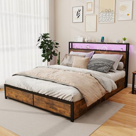 Pour chambre adulte, recharge facile au lit avec cadre de lit LED 160 x 200 cm, métal et 4 tiroirs (1/5)