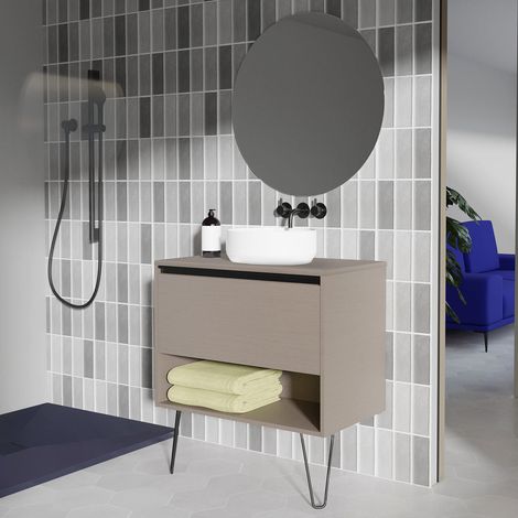 Meuble salle de bain avec vasque posée YOKO TOP  fumé sablé 80 cm Gris  Miroir inclus (1/5)
