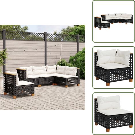 5-tlg. Garten-Sofagarnitur mit Kissen Schwarz Poly Rattan - Gartengestell - Outdoor Möbel - Gartenlounge - Lounge Set - Rattan Sofa (1/5)