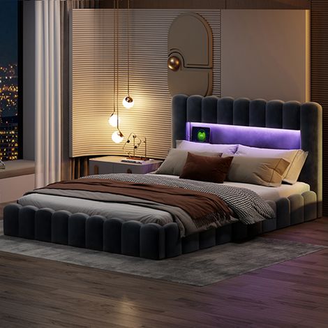 Lit coffre double adulte 180x200 cm avec rangement hydraulique, éclairage LED, ports USB, velours gris, sans matelas (1/5)