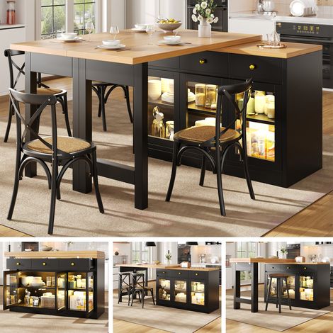 Îlot de cuisine LED extensible 120-200 cm tiroirs portes vitrées design moderne application connectée cuisine salle à manger meuble multifonction