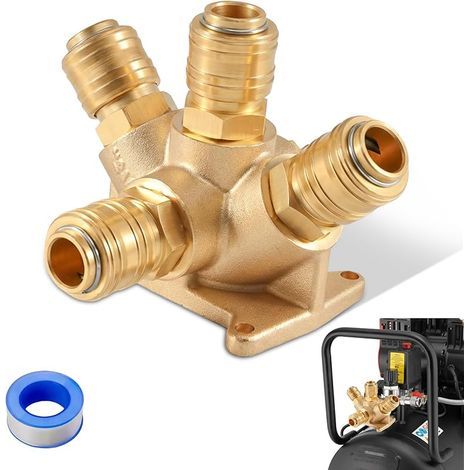 Distributeur d'air comprimé G1/2" 4 voies en laiton : distributeur d'air comprimé mural avec 4 raccords rapides NW 7.2 et 1 raccord enfichable pour compresseur, outils pneumatiques, atelier (1/5)