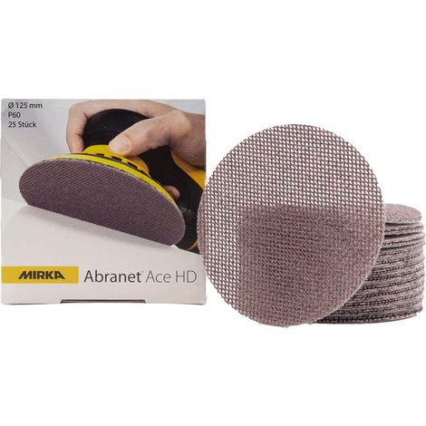 Mirka Abranet Ace HD Dischi a rete Ø 125 mm a strappo, grana P60, 25 pz, AH23202560, Per eccentrici e levigatrici da 125 mm, Per levigare superfici dure, legno, stucco, vernice, metallo (1/4)