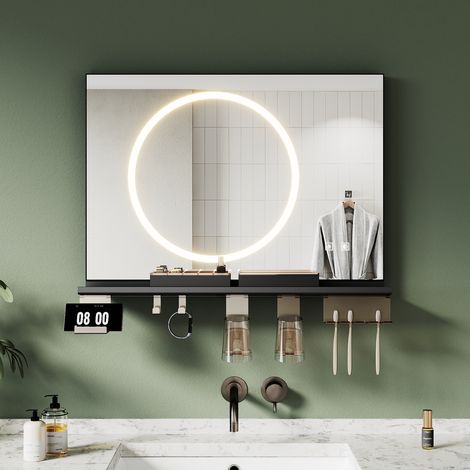 SONNI Badspiegel mit LED Beleuchtung Ablage, Antibeschlag, 3-Farben Beleuchtung und Einstellbare Helligkeit, 700×500, kreisförmige Lichtleiste