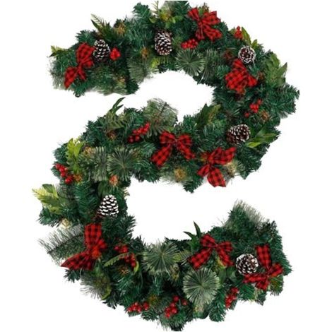 Guirlande de Noël en sapin et pin artificiels, décorée de nœuds et de pommes de pin rouges, 270 cm, verte à motifs floraux (1/4)