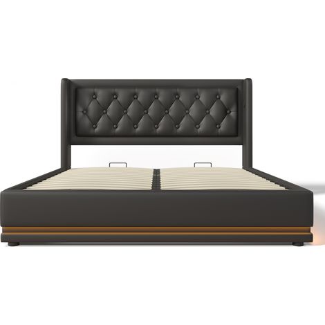 Cama individual tapizada de 140 x 200 cm con canapé hidráulico de PU negro, cabecero con iluminación LED y puerto de carga USB tipo C, ideal para adolescentes y adultos (colchón no incluido). (1/5)