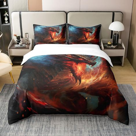 Parure de lit 100 % coton naturel avec housse de couette 135 x 200,1 cm et 1 taie d'oreiller Motif dragon et glace (1/5)