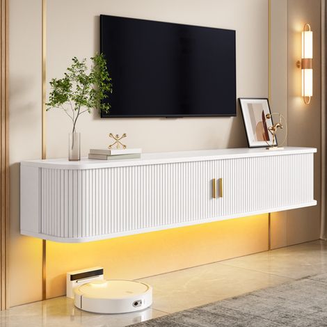 Mueble TV suspendido 175 cm con LED, 2 puertas correderas acanaladas y compartimentos, diseño flotante para salón, roble (1/5)