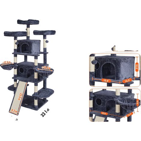 Arbre à chat, design multi-niveaux, condos confortables, Gris Foncé 10F 2R (1/2)