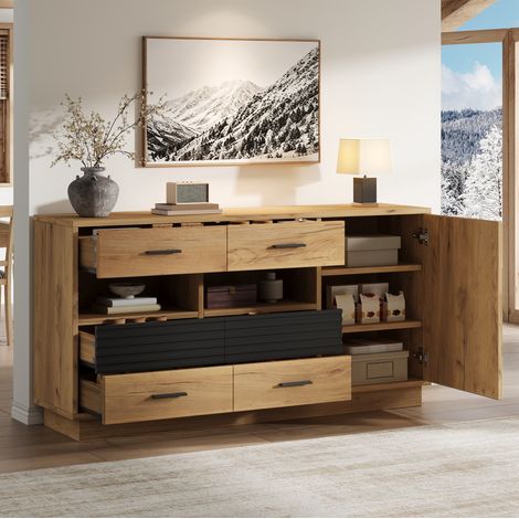 Credenza 140x35x70 cm in MDF rovere e nero, 6 cassetti, per sala da pranzo - MEUBLIV (1/5)