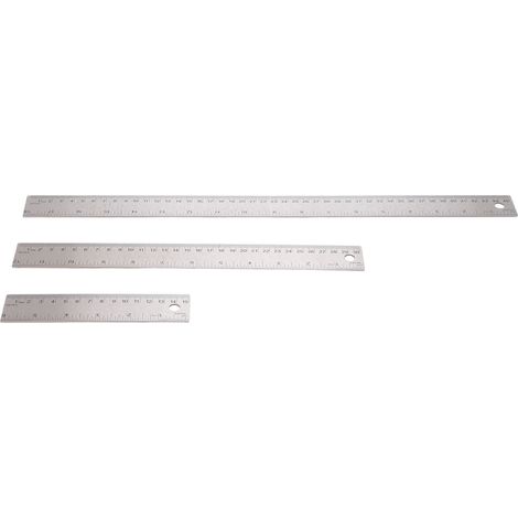 Set di 3 righelli in acciaio inox con base in sughero, doppia graduazione, impugnatura antiscivolo e rivestimento resistente all'inchiostro. Disponibili in 3 misure: 6, 12 e 18 pollici. (1/5)