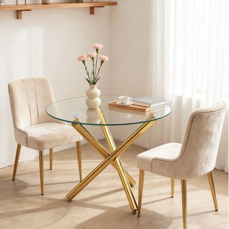 Tavolo rotondo 80x80x76 cm oro in vetro e metallo con base a croce e piedini regolabili (1/5)