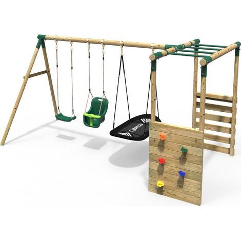 Rebo Wooden Children's Garden Swing Set with Monkey Bars - Triple Swing - Halley Green