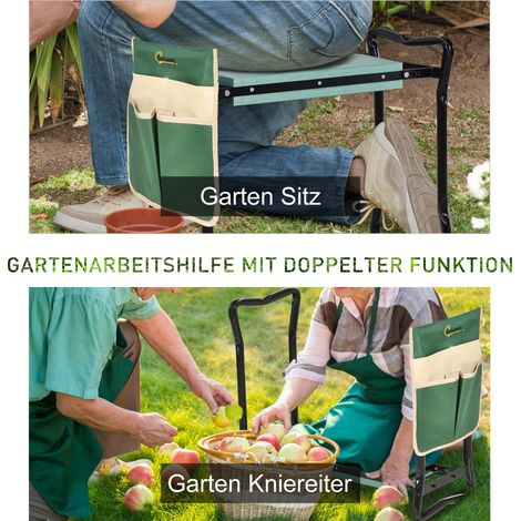 Tabouret de jardin pliant avec coussinets, pochettes de rangement et rembourrage, capacité 150 kg, siège pour bricolage à genoux ou assis, 58x28x49 cm, vert