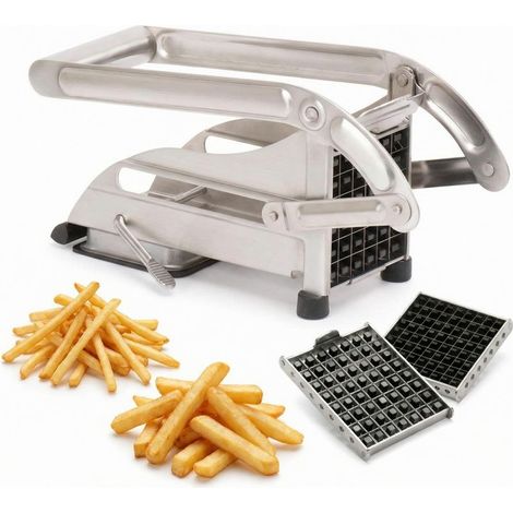 Manueller Pommes-Frites-Schneider aus Edelstahl für den Haushalt, 2 Schneidscheiben (9–12 mm), schnelles und gleichmäßiges Schneiden, mühelos, kompakt, hygienisch, spülmaschinenfest, französische Mark (1/5)