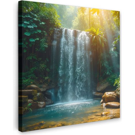 TABLEAU SUR TOILE Cascade - Jungle - Soleil - Vert - Nature Tableau Chambre Adulte 90x90 cm