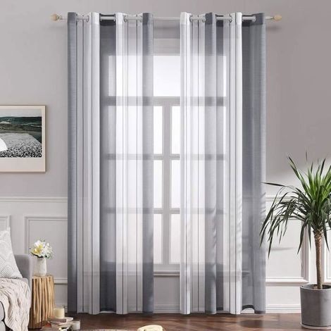 KLVGTIFS PU - Lot de 2 Rideau Voilage Imprimes Rideaux à Oeillets Panneaux de Rideaux Intérieurs Semi-Transparent Blanc+Gris Rayures,140x260cm (1/4)