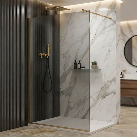 Parete doccia walk-in 120 cm vetro fumè da 8mm reversibile con profili finitura oro spazzolato