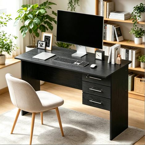 Escritorio 120x60x75 cm negro de madera con 3 cajones y cerradura (1/5)