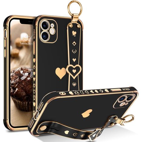CUSTODIA IN SILICONE PER APPLE IPHONE 11 CUORE NERO ORO + SUPPORTO A2111 (1/5)