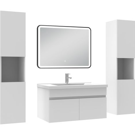 Acezanble Meuble simple vasque 80cm avec colonne + miroir 3 couleurs + dimmable blanc