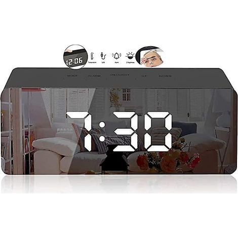 Kreativer digitaler Spiegelwecker (Schwarz, 14 x 3,4 x 5,5 cm), LED-Nachttischuhr mit Temperaturanzeige, Schlummerfunktion und sprachgesteuertem Kosmetikspiegel (1/5)