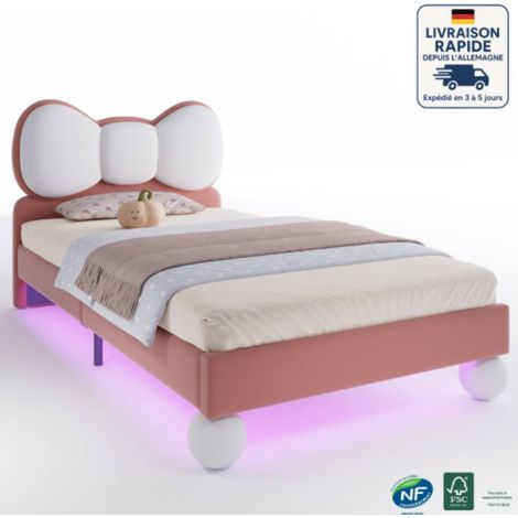 Cama infantil 90x200cm - Cama individual tapizada 90x200cm - Madera certificada PEFC - Cabecero arqueado, tira de luz LED con color ajustable - Beige + Rosa (1/5)