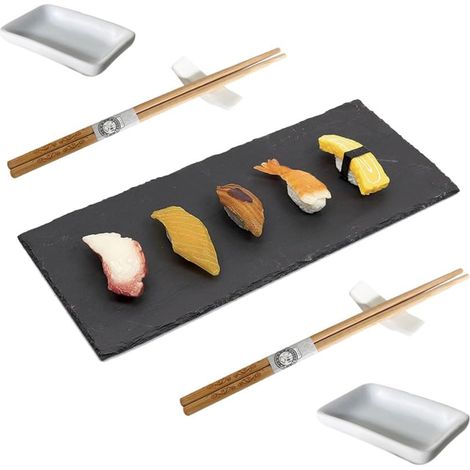 Set Sushi per 2 persone con vassoio in ardesia, misura 30x10 cm, servizio orientale da 7 pezzi: 2 bacchette cinesi, 2 porta bacchette, 2 ciotole per salse (1/5)