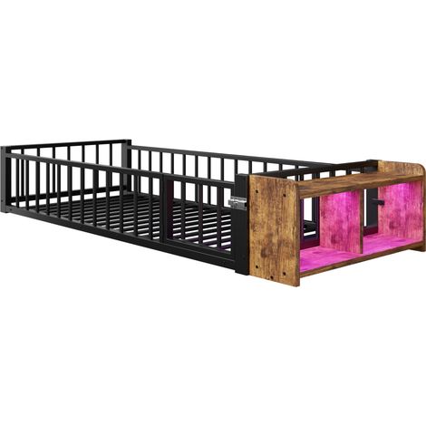 Lit enfant en métal 90 x 200 cm avec barrière de sécurité, rangement ouvert et LED, noir (1/5)