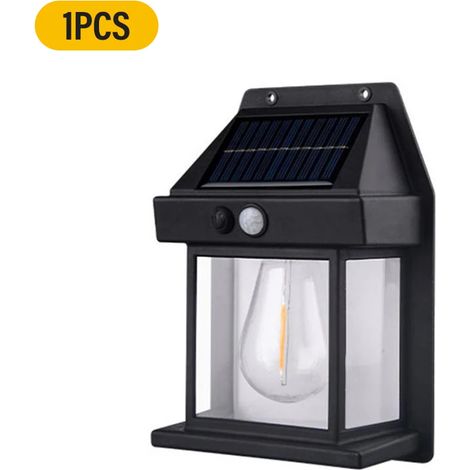 (Noir) Applique murale solaire extérieure à incandescence avec détecteur de mouvement, étanche IP65, pour terrasse, porche, grange ou garage. Compatible avec les espaces extérieurs suivants : terrasse (1/5)
