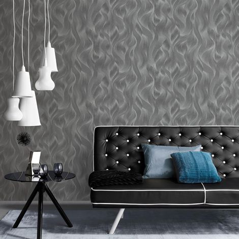 Papier peint design chic gris anthracite | Tapisserie moderne graphique anthracite chambre adulte | Papier peint intissé couloir (1/2)