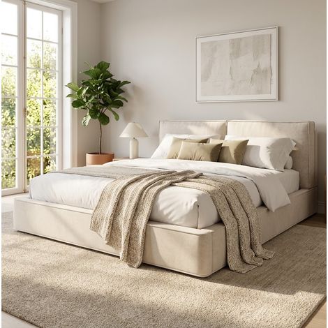 Cama doble moderna 180x200 cm en chenilla beige, con cabecero tapizado, somier de láminas y arcón hidráulico (1/5)