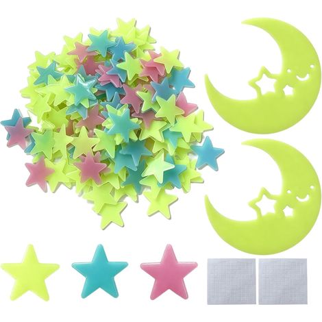 Estrellas fosforescentes para pared, 200 estrellas y 2 grandes lunas crecientes hechas de plástico no tóxico con almohadillas adhesivas, decoración 3D para paredes, techos y habitaciones infantiles. (1/5)