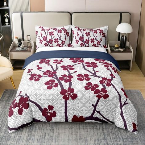 Housse de Couette 140x200 Coton Sakura Parure de Lit Sakura Japonaise Couvre Lit Femme Chambre À Coucher Rouge et Gris Sets de Housses de Couettes Branches de Fleurs de Printemps (1/5)