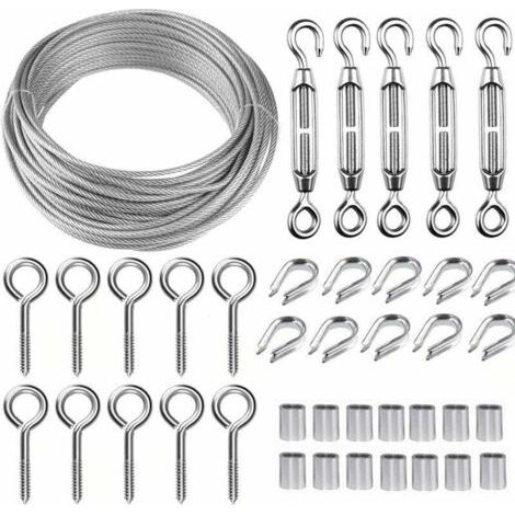 Kit de câble métallique en acier inoxydable de 50 m/2 mm avec tendeur de fil robuste M5, kit de rouleau de fil de clôture, kit de garde-corps de câble, tendeurs de fil de jardin pour plantes grimpant