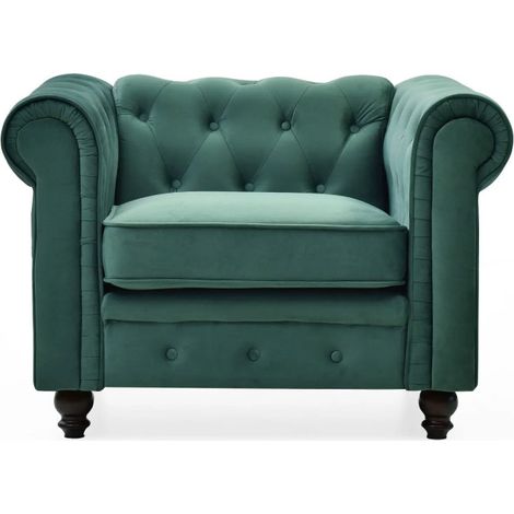 Fauteuil Design Velours "Chesterfield" 111cm Vert (1/4)