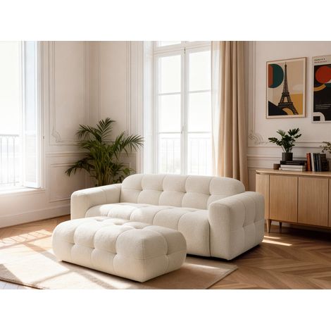 BOBOCHIC - Canapé droit fixe 3 places LAURA tissu chiné avec grand pouf   Beige