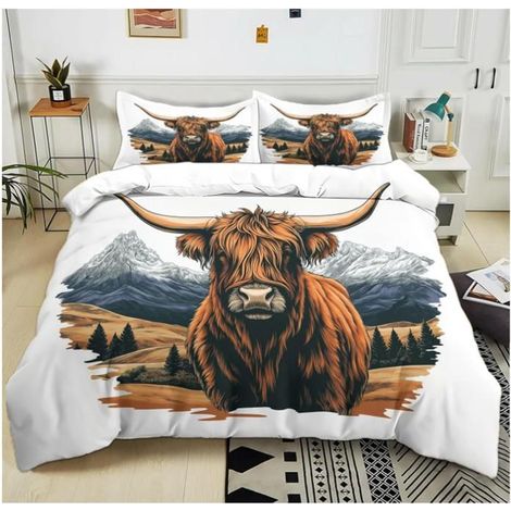 Parure de lit imprimé 3D 220x240 cm Montagne des Vaches des Highlands Housse de Couette 2 Taie d'oreiller, Ensemble Literie - 4TB (1/4)