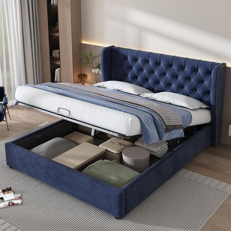 Upholstered Bed with Hydraulic Lever, Functional Bed from Storage, without Mattress, Velvet, Blue, 135 x 190 cm (1/5)