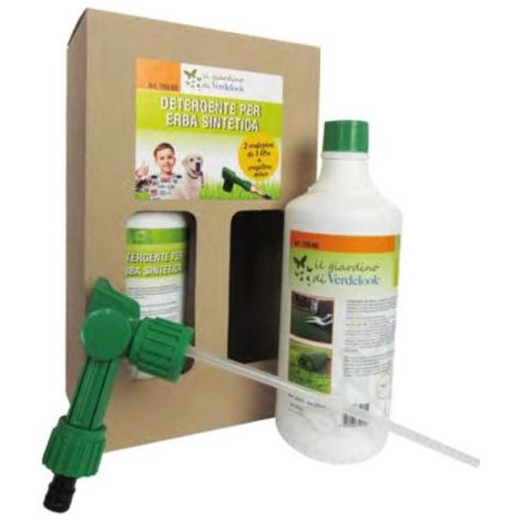 Kit detergente concentrato 2 x 1 lt pulisci prato sintetico + erogatore mixer cesped erba artificiale manto tappeto
