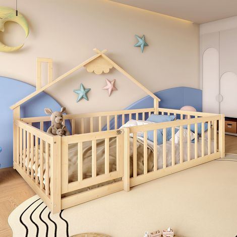 Lit enfant 90 x 190 cm en pin massif naturel, forme maison avec barrière de sécurité et verrou, lit cabane. (1/5)