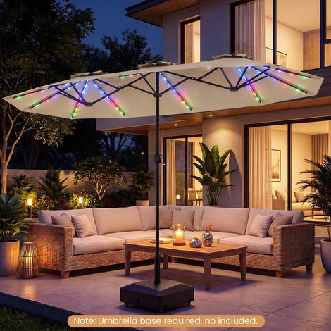 Parasol Double 4x2 m avec 108 LED Solaires pour Jardin et Terrasse Protection Solaire Toile Polyester Beige (1/5)