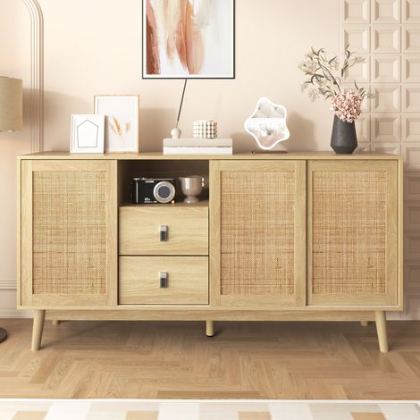 Buffet Enfilade 155 cm avec 3 Portes Coulissantes en Rotin Véritable et 2 Tiroirs, Bahut de Rangement Stable et Respirant pour Salon Salle à Manger - Chêne (1/5)