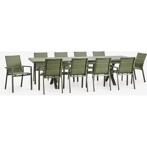 Set de mesa extensible rectangular 240-300x100 cm y 10 sillas de jardín apilables con reposabrazos en aluminio Karena SKLUM