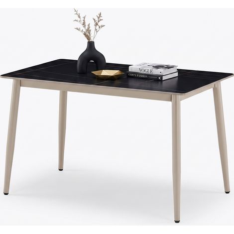 PPkrimnel able à manger rectangulaire, pour 4 à 6 personnes, plateau en pierre, pieds en métal, 115 × 65 cm, plateau noir doré, pieds beige clair (1/5)