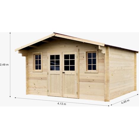 HABRITA Abri de jardin bois massif 13,81 m² - madriers 42 mm - toit double pente - double porte vitrée
