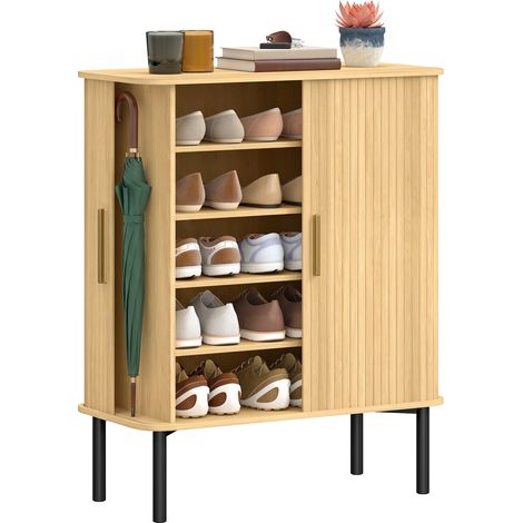 HOMCOM zapatero de 5 niveles con puertas correderas de lamas, 4 estantes ajustables, 2 compartimentos laterales, para 15 pares de zapatos, roble (1/5)