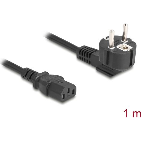 Delock Netzkabel PC Schutzkontaktstecker CEE 7/7 90° gewinkelt auf C13 Buchse, 1 m, 3 x 0,75 mm² schwarz