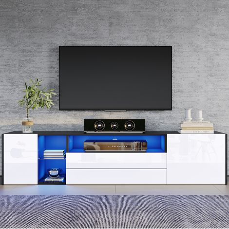 Mobile TV 180x40x45 cm in legno nero e bianco, con contenitore, soggiorno moderno FloraGrace (1/5)